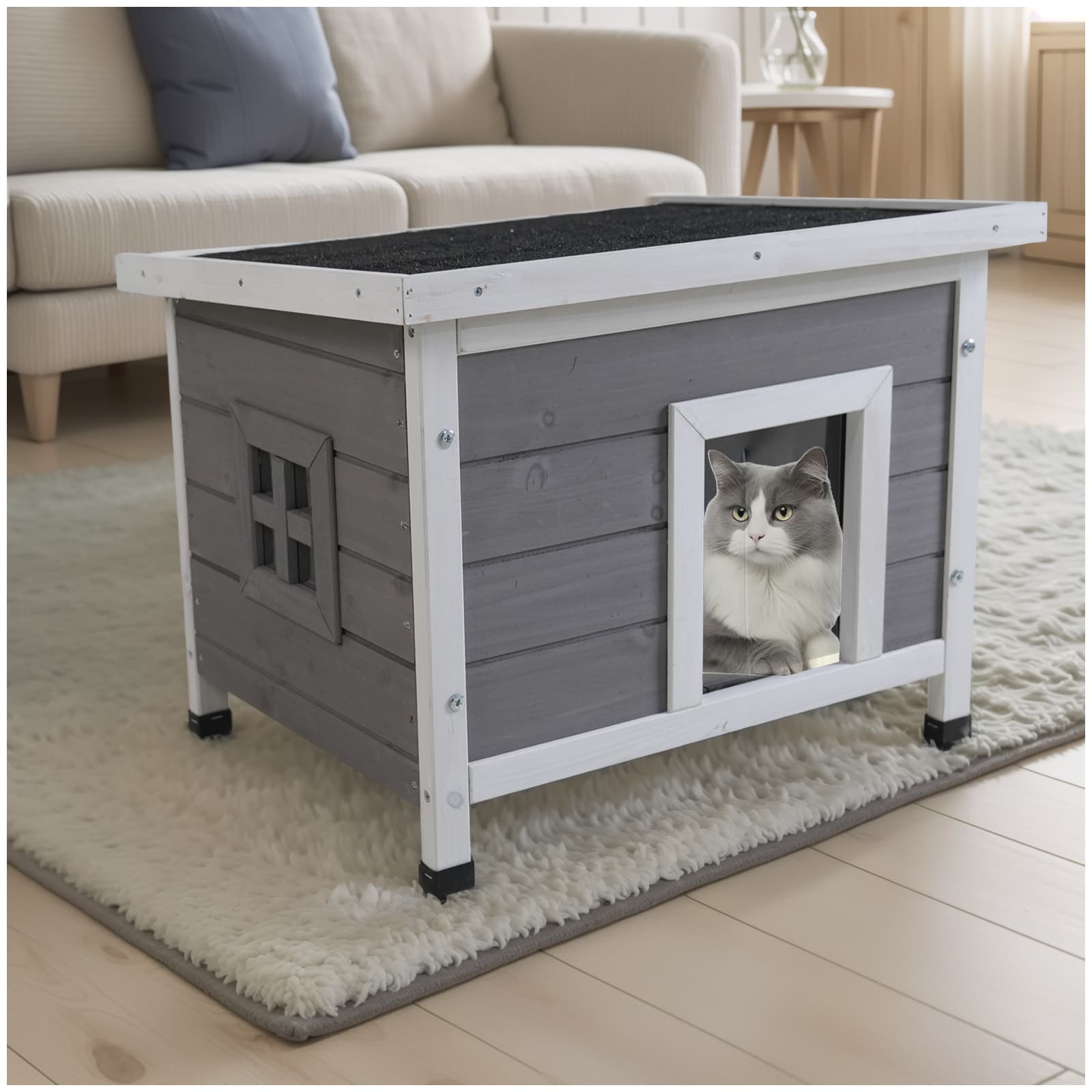 Cat House Waterproof Feral Kitty Shelter Outdoor Indoor Rabbit Hutch For Bunnies,Cats,Dogs And Other Small Animals,Asphalt Roof