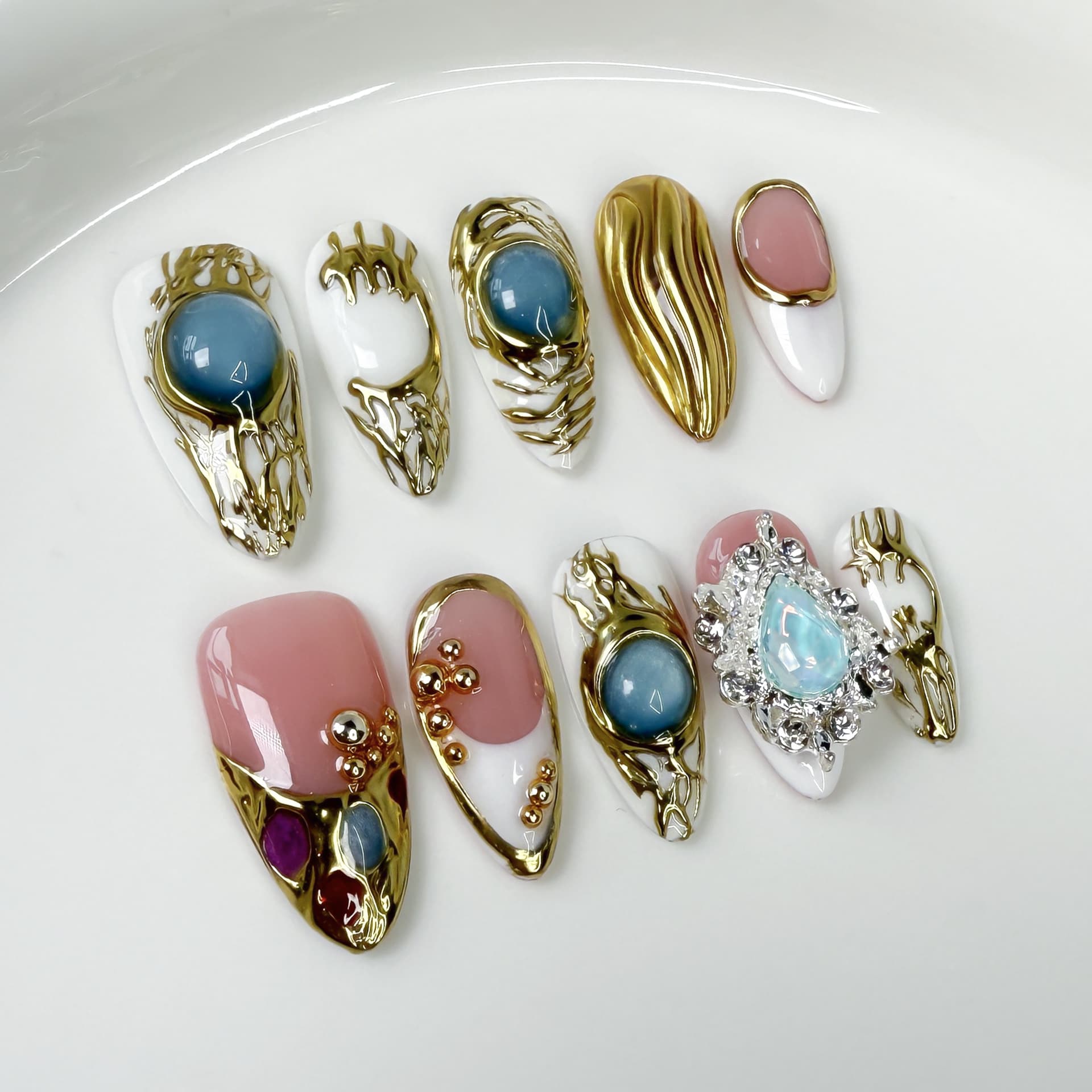 Metal Relief Almond Nail Art Ice Transparent French Pure Desire Heavy Industry Wear Nail